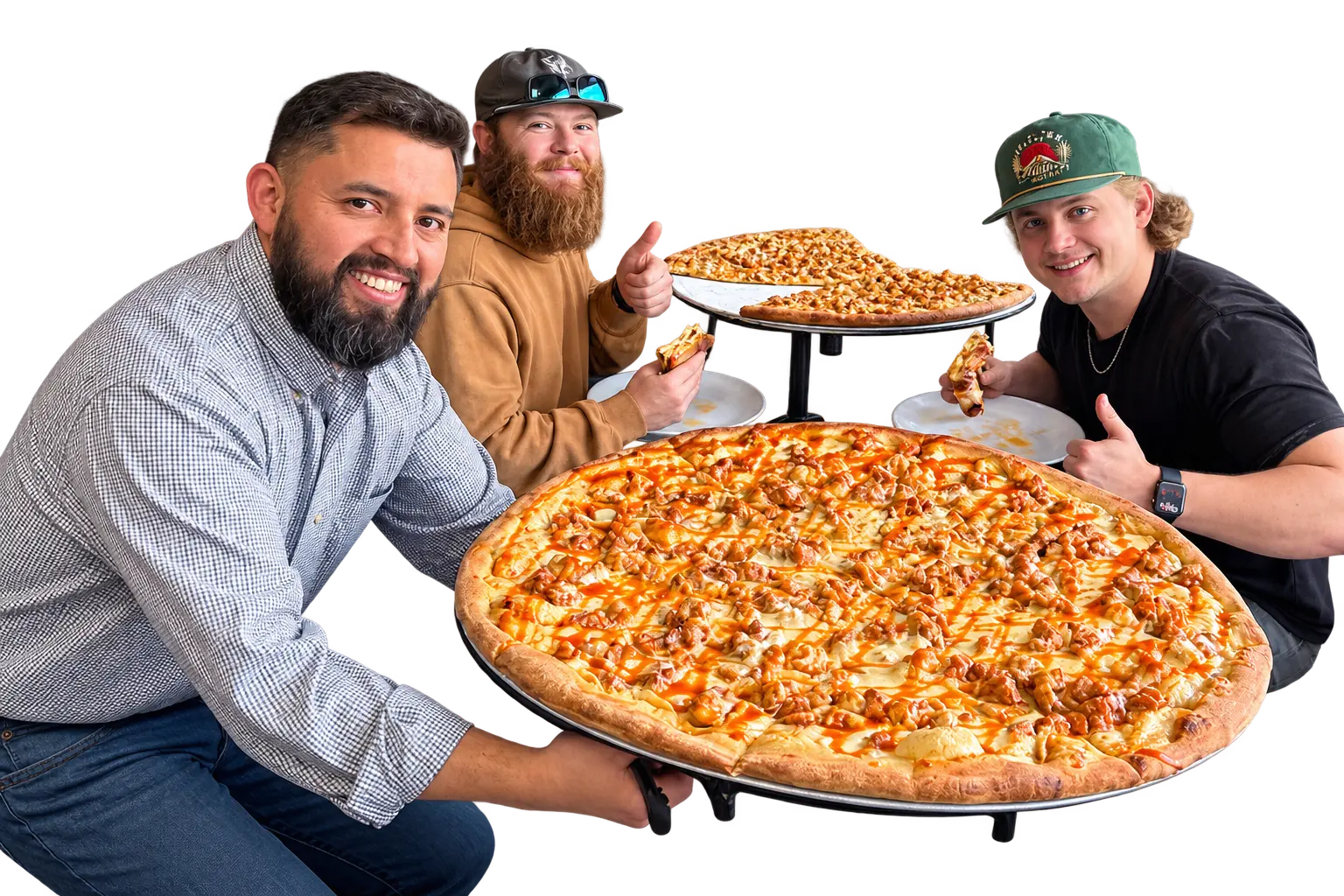 Customers holding a giant Gabriela’s pizza